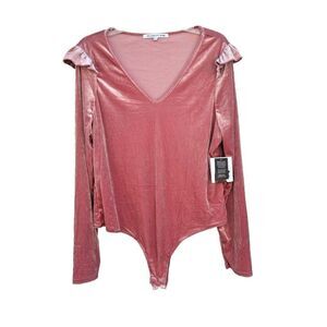 NWT Celebrity Pink Women's Top Velvet Bodysuit Pink 2XL Solid V-Neck Long Sleeve